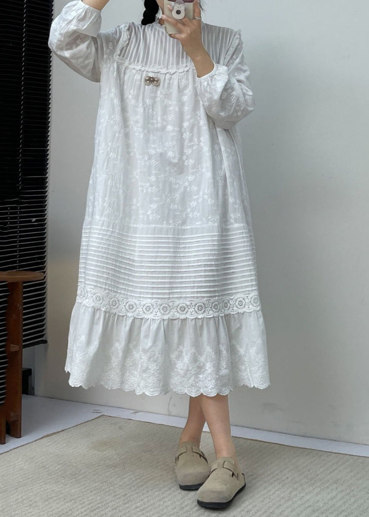 Cute White Embroidered Ruffled Patchwork Wrinkled Cotton Maxi Dress Long Slee