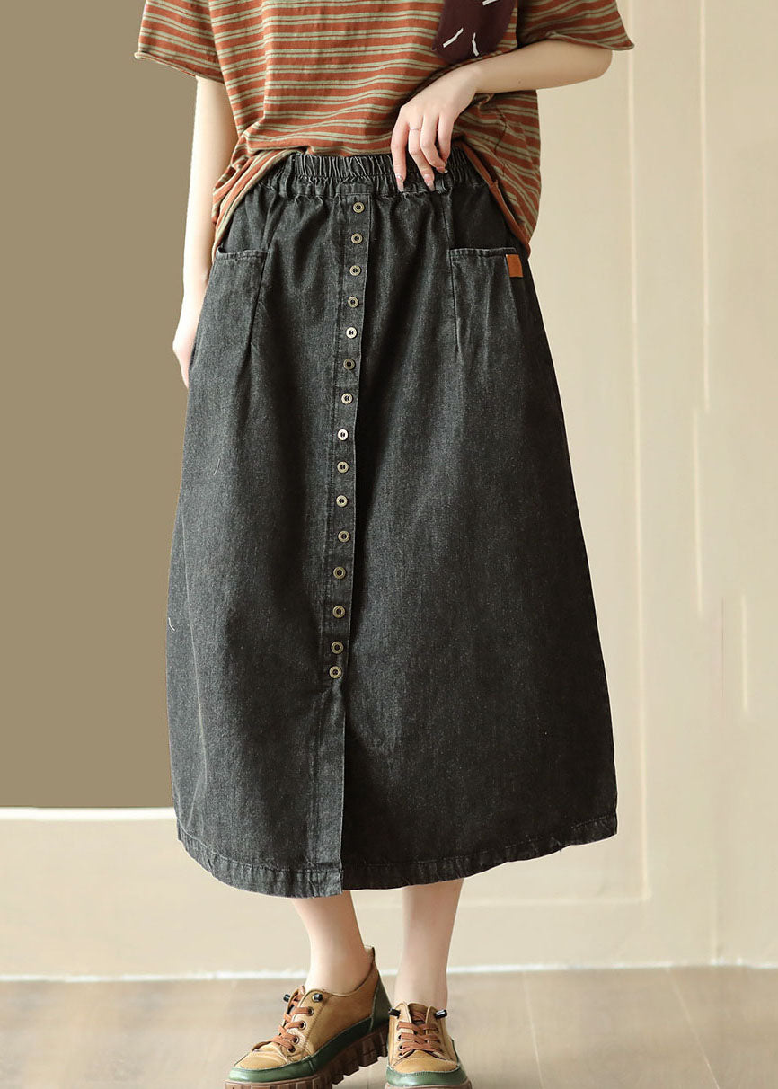 DIY Black Pocket Elastic Waist Patchwork Wrinkle Denim Skirt Summer