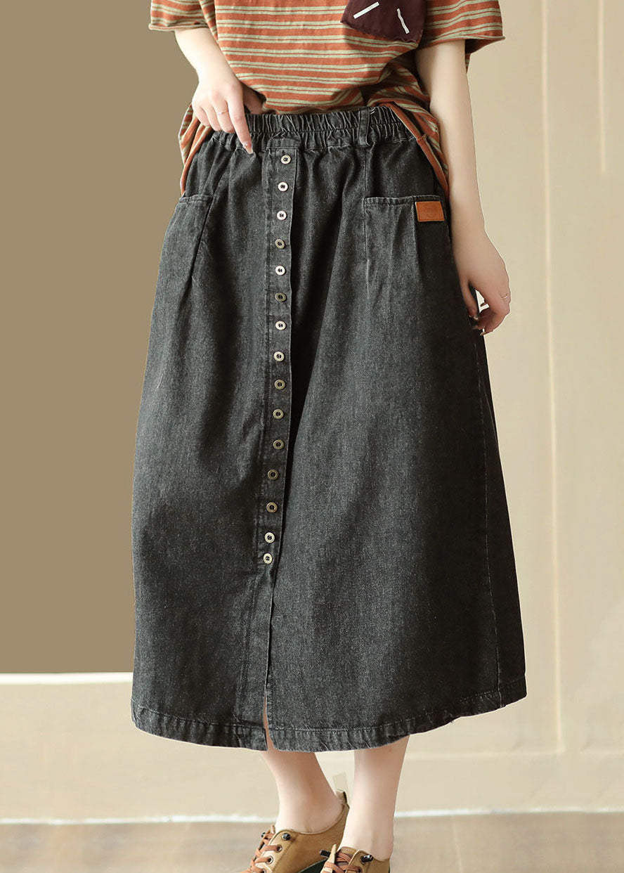 DIY Black Pocket Elastic Waist Patchwork Wrinkle Denim Skirt Summer