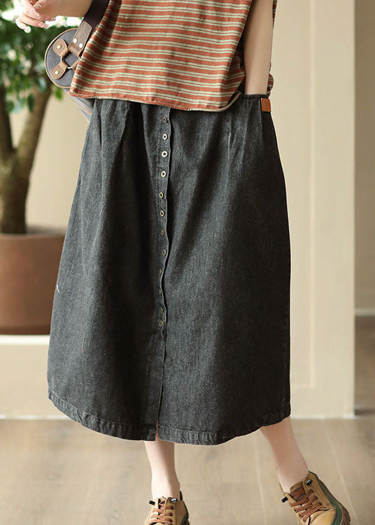 DIY Black Pocket Elastic Waist Patchwork Wrinkle Denim Skirt Summer