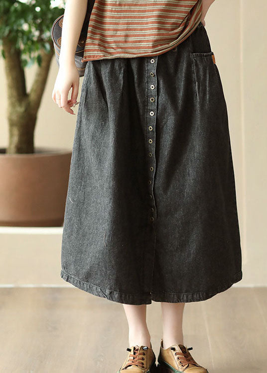 DIY Black Pocket Elastic Waist Patchwork Wrinkle Denim Skirt Summer