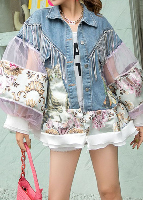 DIY Blue Patchwork Fringed Tulle Print Denim Coat Lantern Sleeve