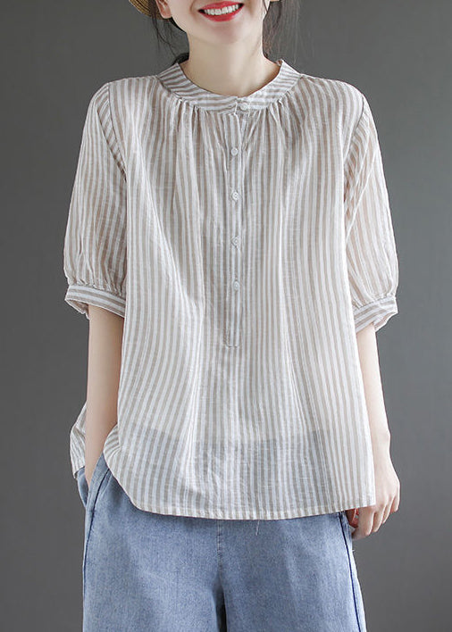 DIY Khaki Oversized Striped Cotton Shirt Half Sleeve