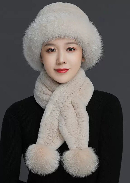 DIY Light Khaki Fuzzy Fur Fluffy Leather And Fur Cloche Hat & Scarf Set