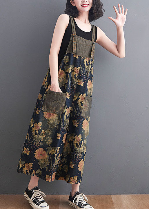 Navy Printed Pockets Pocket Denim Summer Jumpsuit