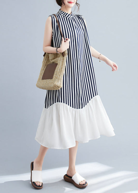 Navy Patchwork Striped Stand Collar Dresses Sleeveless