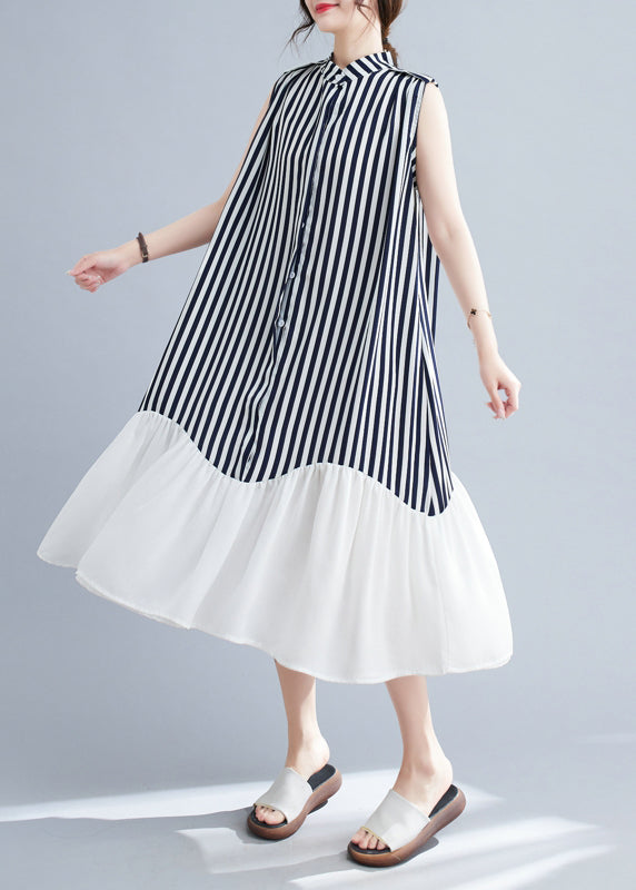 Navy Patchwork Striped Stand Collar Dresses Sleeveless