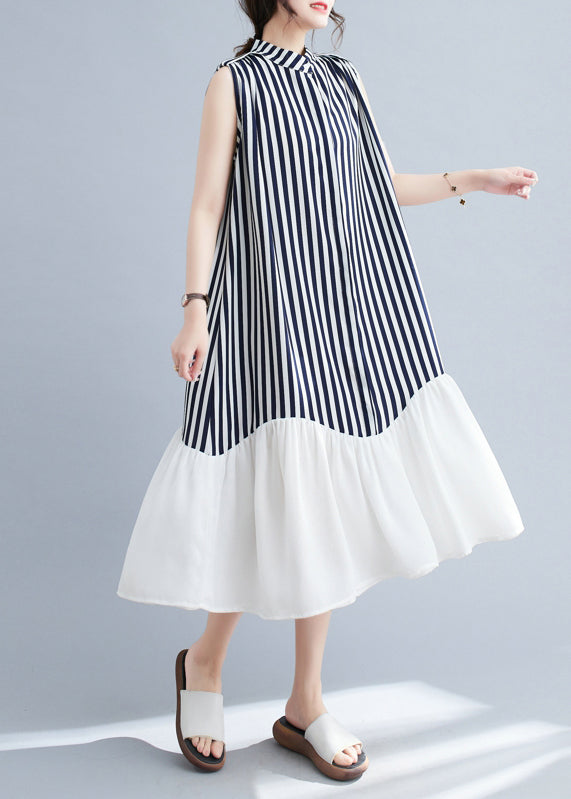 Navy Patchwork Striped Stand Collar Dresses Sleeveless