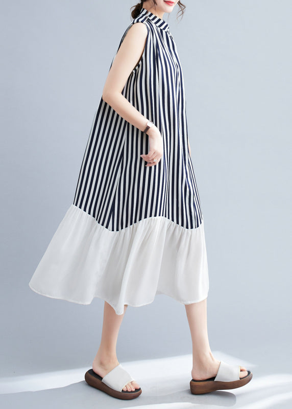 Navy Patchwork Striped Stand Collar Dresses Sleeveless