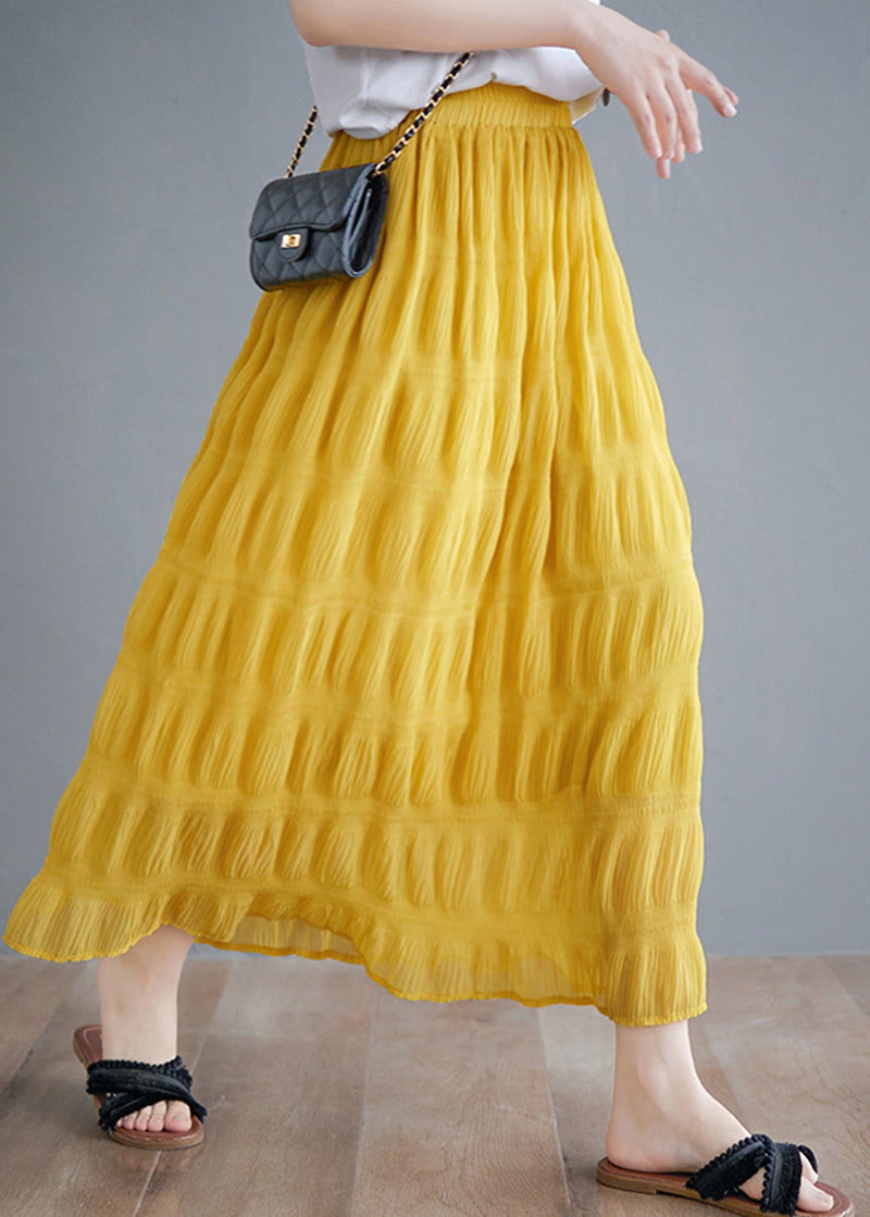 Bohemian Yellow Draped Cotton High Waist Pleated Skirt Summer