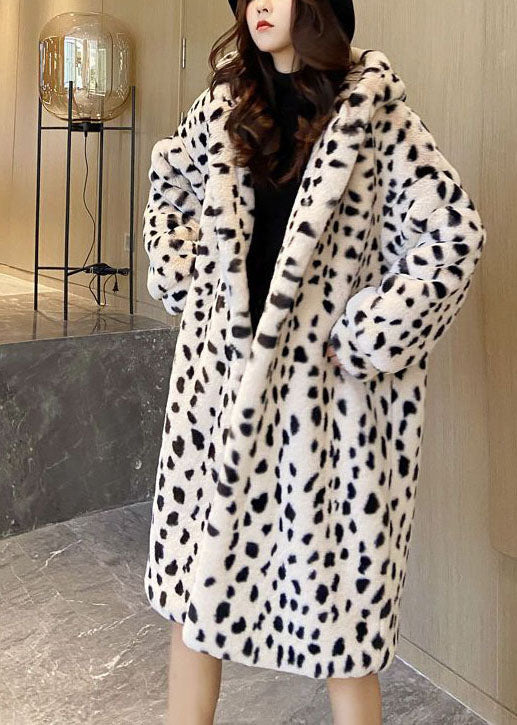 Beige Print Fuzzy Fur Fluffy Hooded Leopard Coat Winter