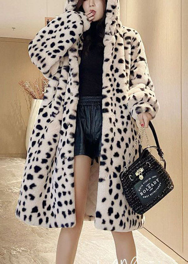 Beige Print Fuzzy Fur Fluffy Hooded Leopard Coat Winter