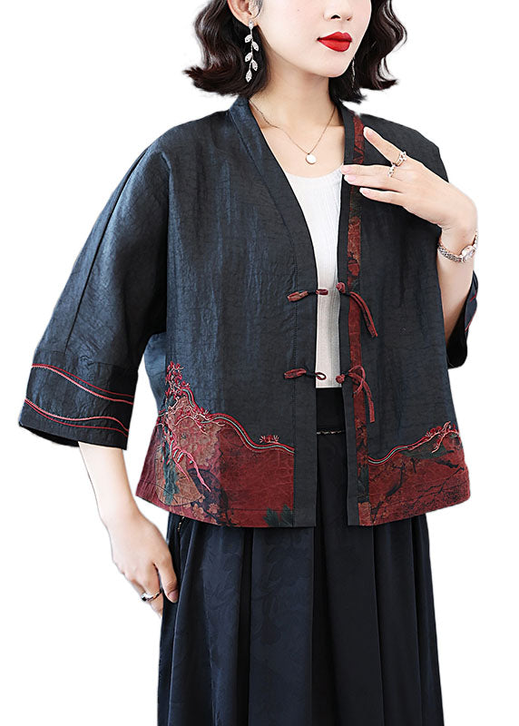 Black DIY Tasseled  Embroidered Patchwork Silk Coats Spring