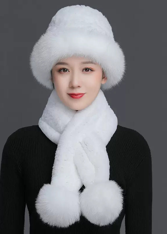 DIY Light Khaki Fuzzy Fur Fluffy Leather And Fur Cloche Hat & Scarf Set