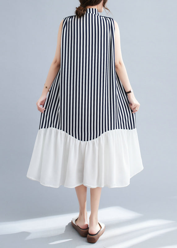 Navy Patchwork Striped Stand Collar Dresses Sleeveless