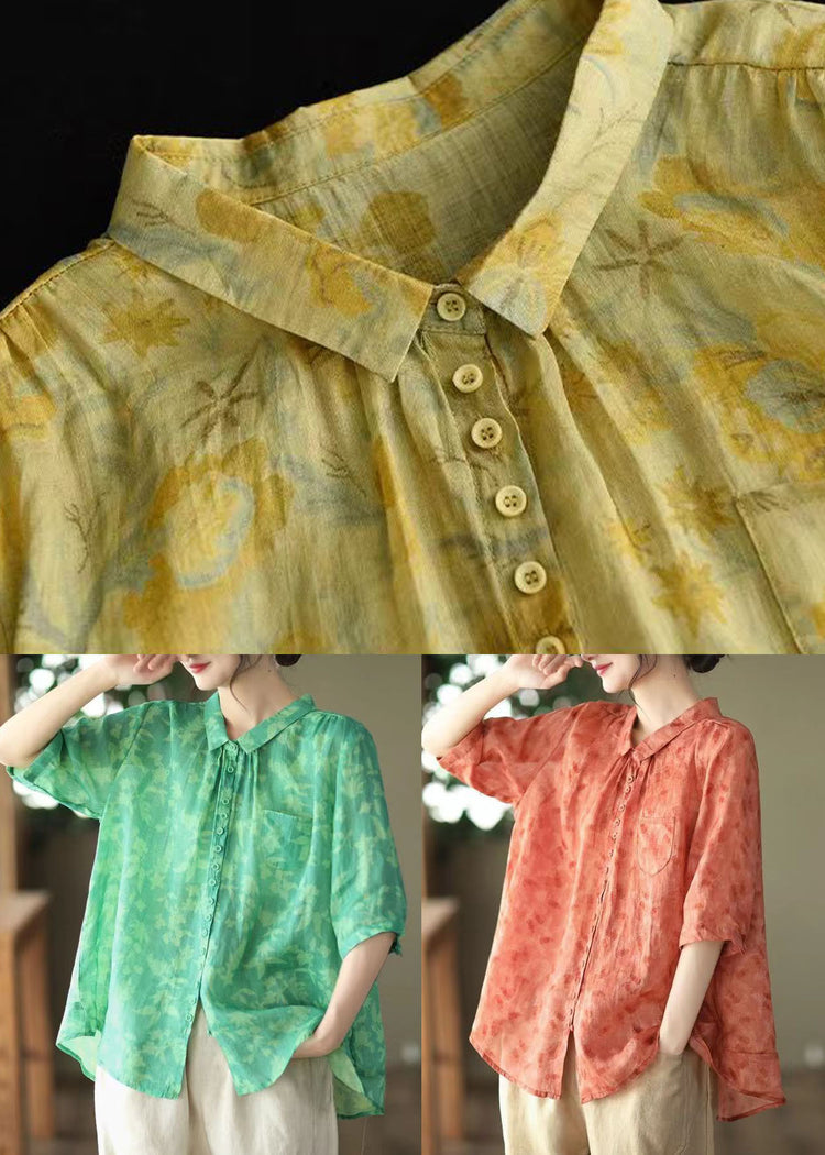 DIY Red Peter Pan Collar Print Patchwork Linen Blouses Summer