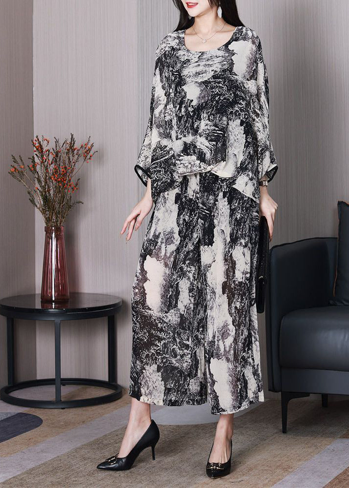 DIY white printed chiffon oversized ink two-piece bat sleeves