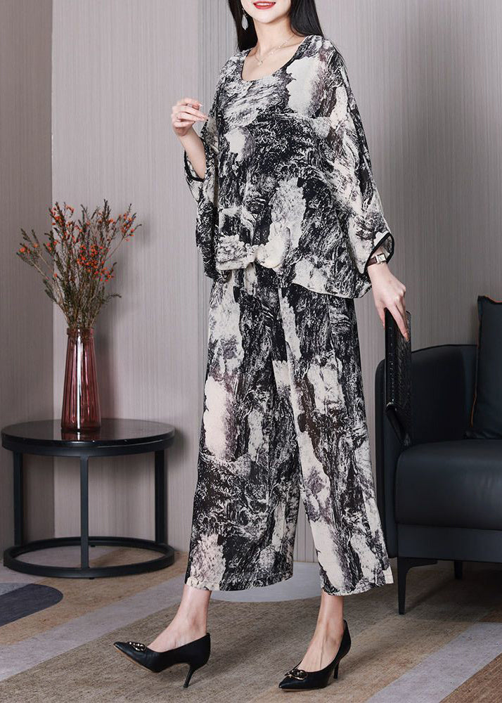 DIY white printed chiffon oversized ink two-piece bat sleeves