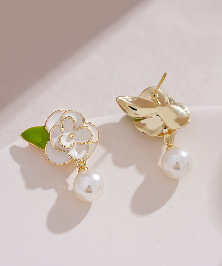 DIY White Sterling Silver Overgild Enamer Pearl Floral Drop Earrings