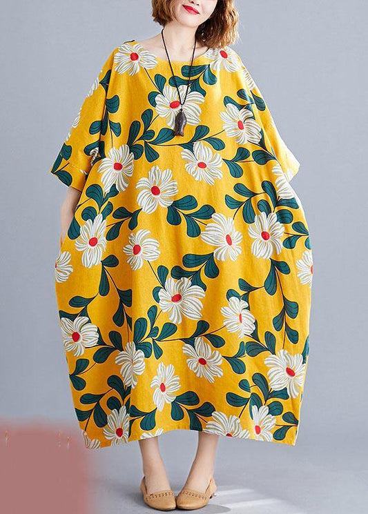 DIY o neck pockets linen cotton dress Tunic Tops yellow print Dresses