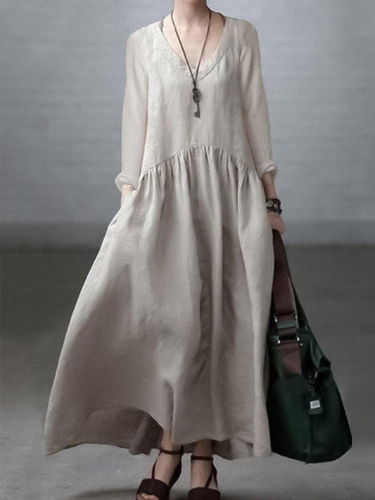 Simple and Loose V-neck Cotton and Linen Dress