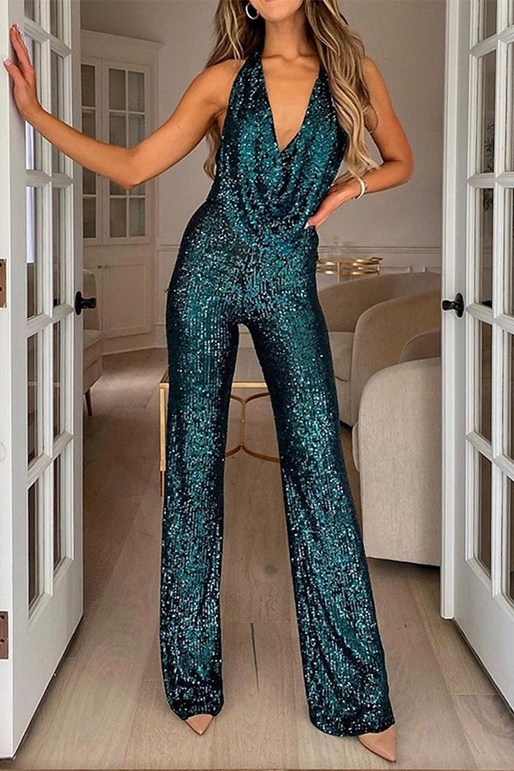 Daily Solid Sequins Halter Boot Cut Jumpsuits(5 Colors)