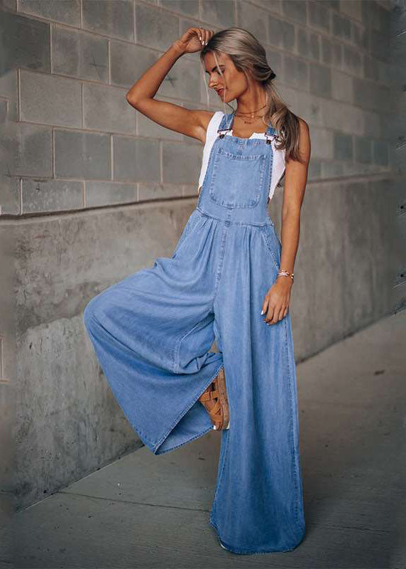 Pocket Patchwork Dark Blue Denim Wide-Leg Jumpsuit Summer