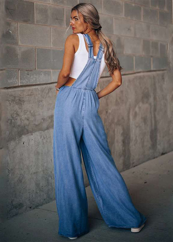 Pocket Patchwork Dark Blue Denim Wide-Leg Jumpsuit Summer