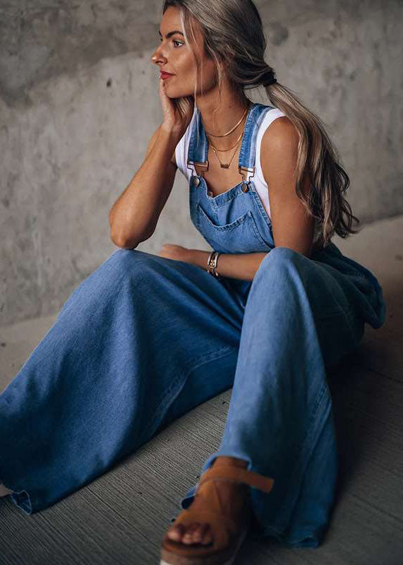 Pocket Patchwork Dark Blue Denim Wide-Leg Jumpsuit Summer