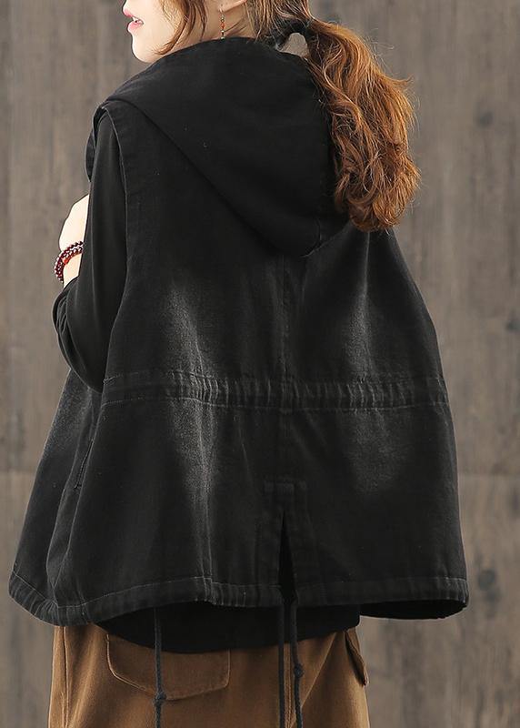 Black Denim Waistcoat Autumn Loose Plus Size Tooling Double Breasted Hooded Vest