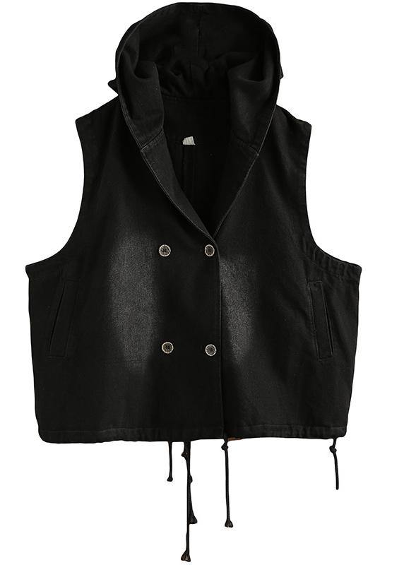 Black Denim Waistcoat Autumn Loose Plus Size Tooling Double Breasted Hooded Vest