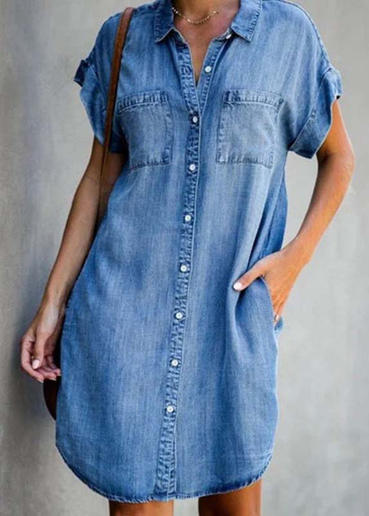 Summer Blue Peter Pan Collar Pocket Denim Shirt Dress