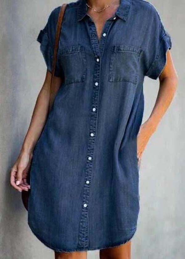 Summer Blue Peter Pan Collar Pocket Denim Shirt Dress