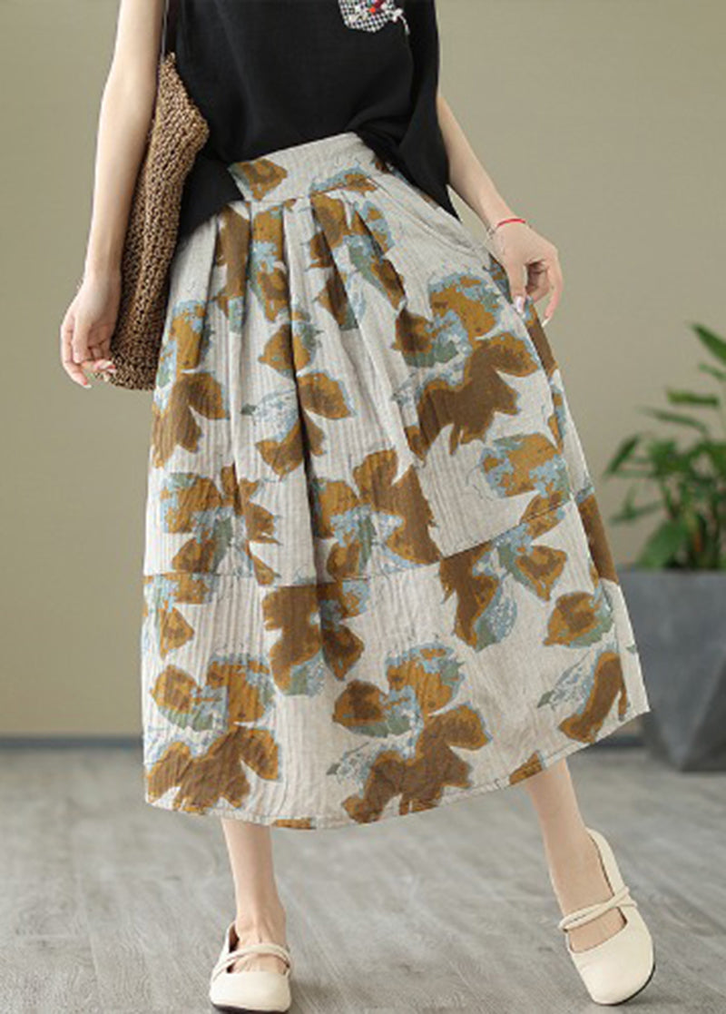 Khaki Patchwork Pocket Print Cotton Pleated Skirt Summer