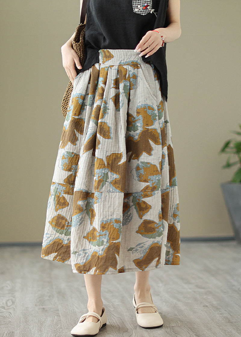 Khaki Patchwork Pocket Print Cotton Pleated Skirt Summer