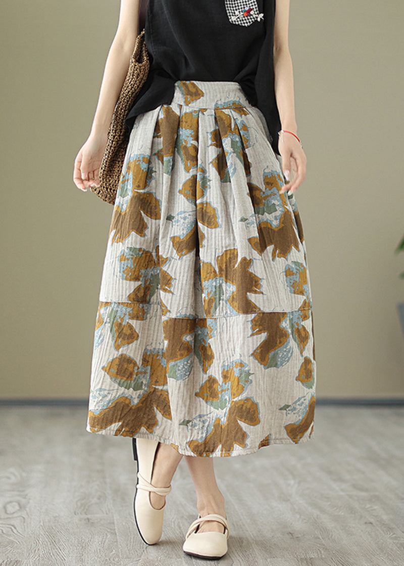 Khaki Patchwork Pocket Print Cotton Pleated Skirt Summer