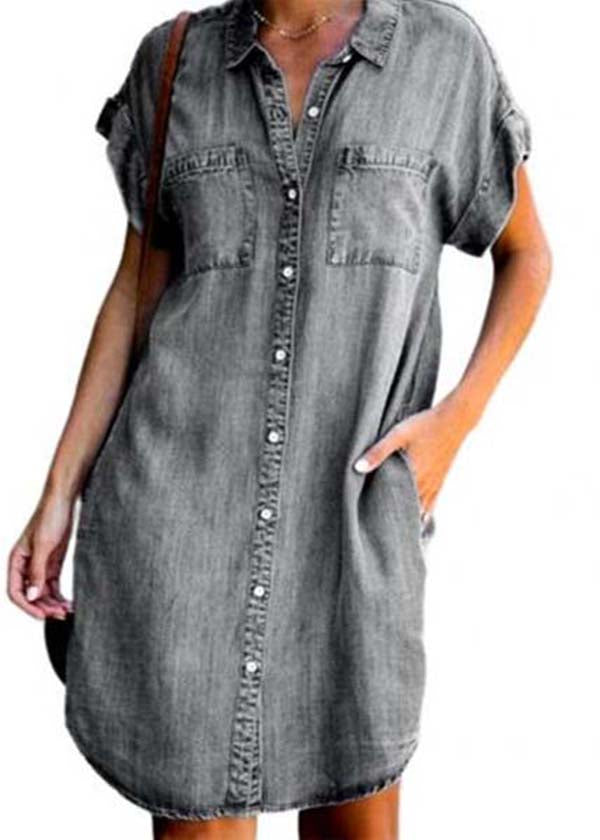 Summer Blue Peter Pan Collar Pocket Denim Shirt Dress