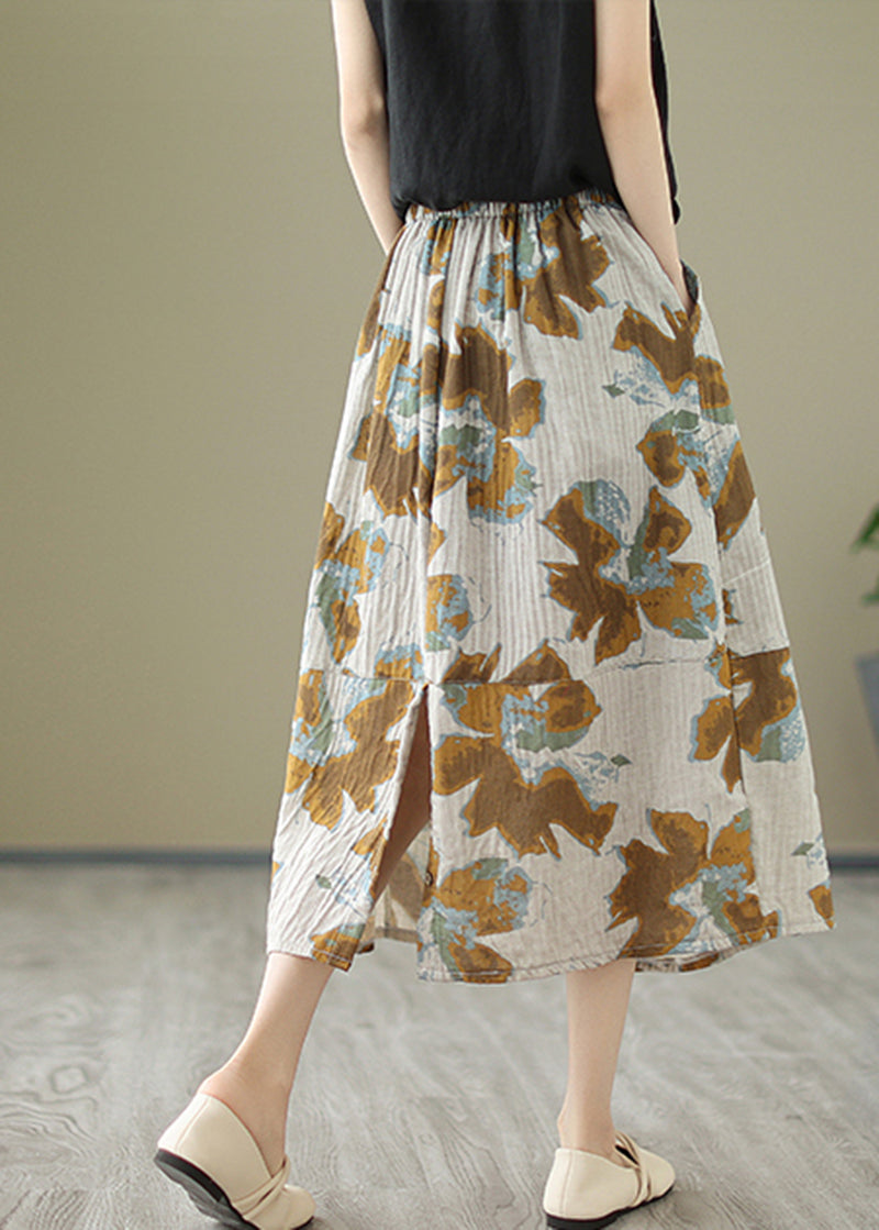 Khaki Patchwork Pocket Print Cotton Pleated Skirt Summer