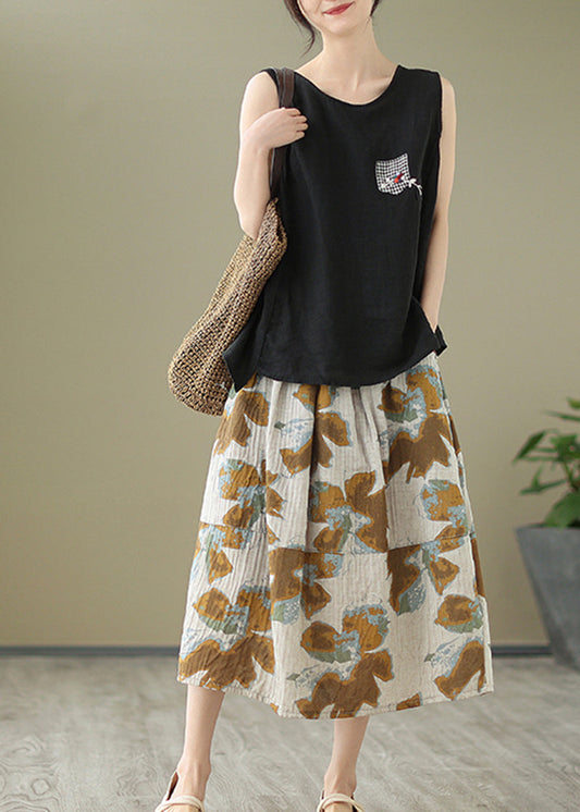 Khaki Patchwork Pocket Print Cotton Pleated Skirt Summer