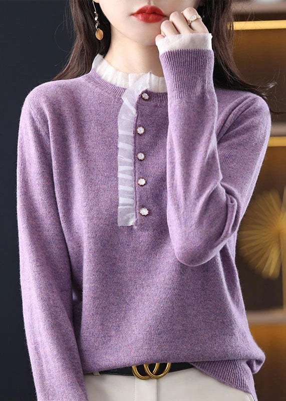 Diy Purple Ruffled Patchwork Wool Knit Short Sweater Spring