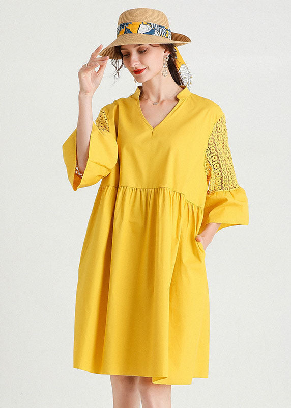 Diy Yellow V Neck Hollow Out Lace Patchwork Cotton Dresses Summer