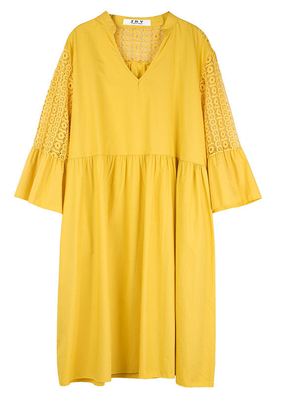 Diy Yellow V Neck Hollow Out Lace Patchwork Cotton Dresses Summer