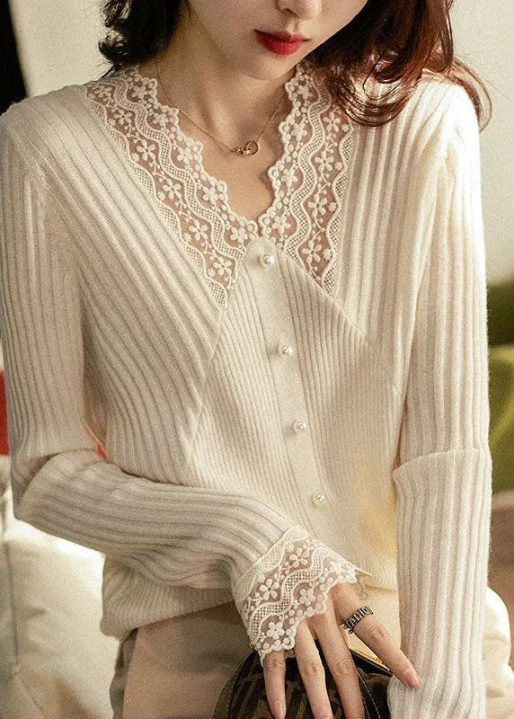 Elegant Apricot V Neck Thick Lace Patchwork Nail Bead Knit Sweater Tops Winter