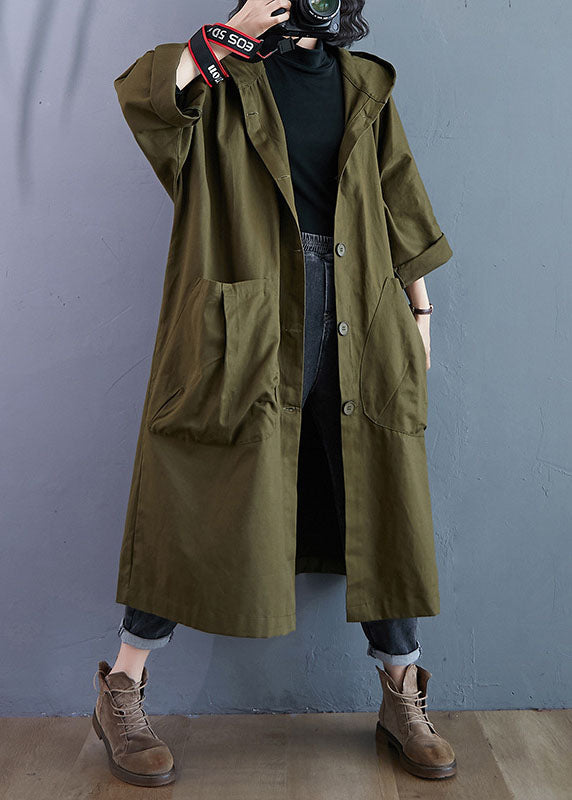 Elegant  Pocket Button Fall Army Green Hooded Long Sleeve Trench Coats