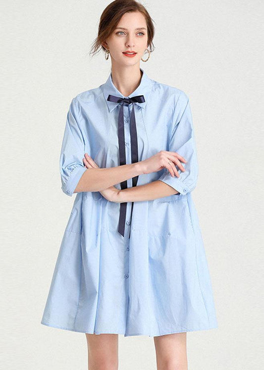 Elegant Baby blue PeterPan Collar Button Summer Cotton Dress