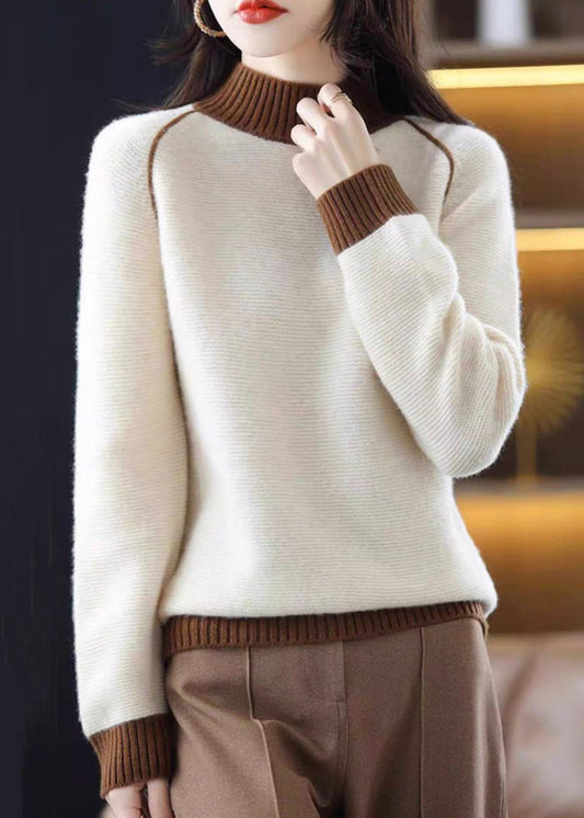 Elegant Beige Turtleneck Cozy Patchwork Wool Knit Sweaters Fall