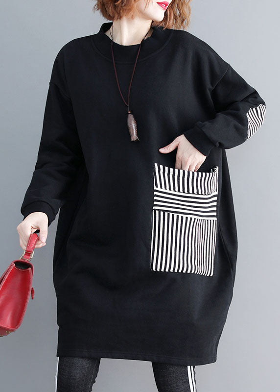 Elegant Black O-Neck Striped Patchwork Mid Dress Long Sleeve