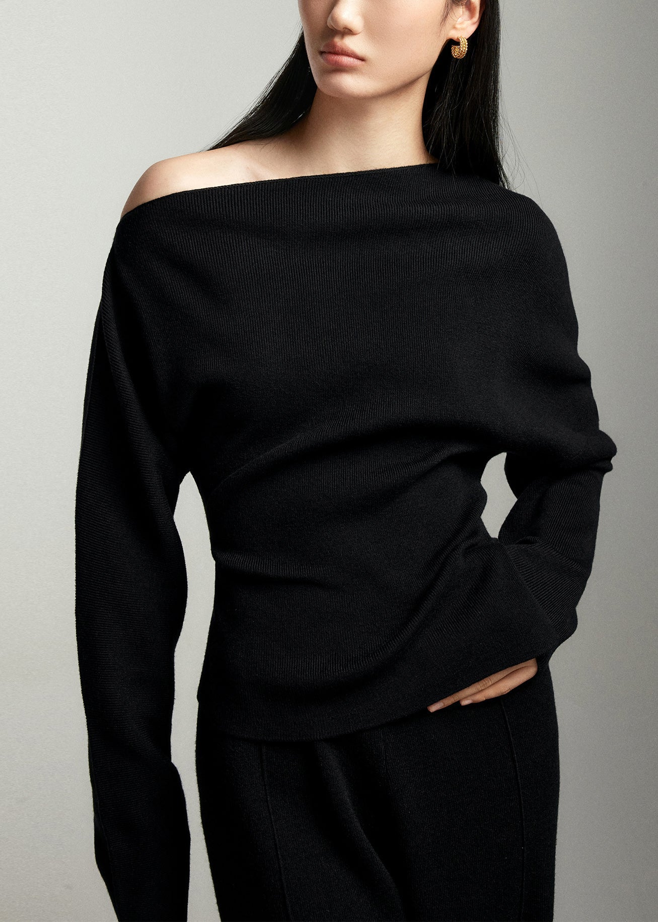 Elegant Black Slash Neck Woolen Sweaters Batwing Sleeve