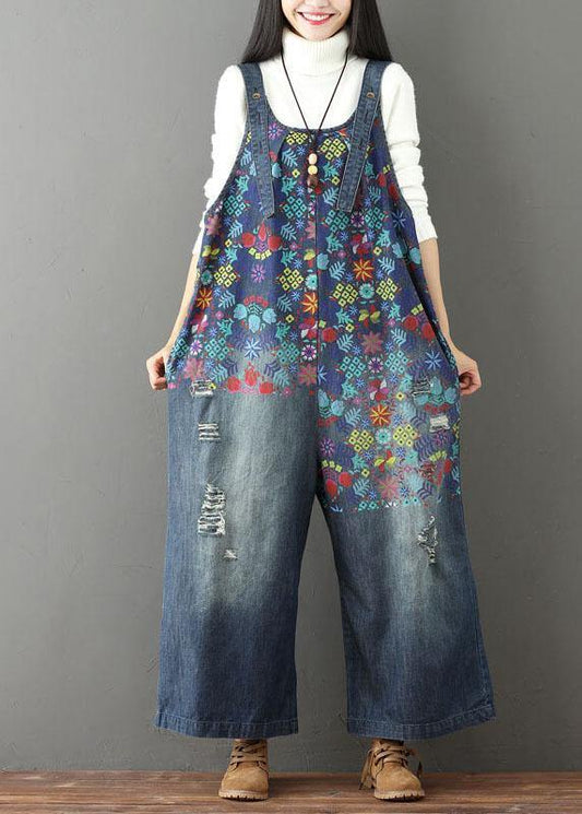 Elegant Casual Print Wide Leg Blue Autumn Jumpsuit Denim