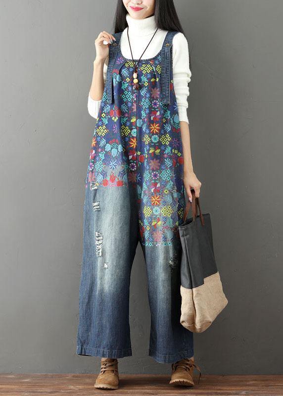 Elegant Casual Print Wide Leg Blue Autumn Jumpsuit Denim